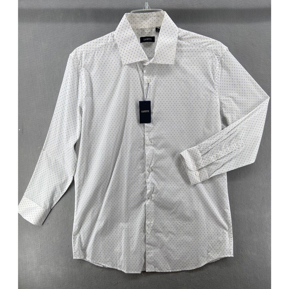 NWT Zanetti Shirt Men 17 32/33 Button Down White Triangle Printed Long‎ Sleeve